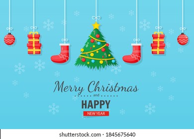 Merry Christmas and New Year card on blue background
