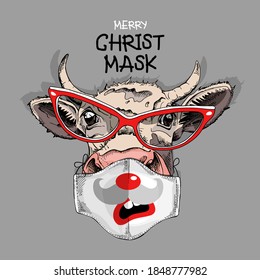 Merry Christmas and New year card. Funny cow in the red glasses and in the face mask. Humor t-shirt composition, meme, hand drawn style print. Vector illustration.