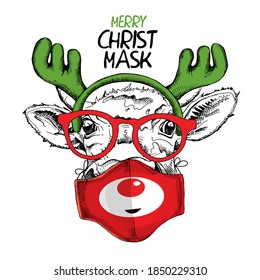 Merry Christmas and New year card. Funny cow in the Moose antler headband, glasses and in the face mask. Humor t-shirt composition, meme, hand drawn style print. Vector illustration.