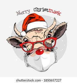 Merry Christmas and New year card. Funny cow in the red Santa's hat, glasses and in the face mask. Humor t-shirt composition, meme, hand drawn style print. Vector illustration.