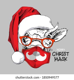 Merry Christmas and New year card. Funny cow in the red Santa's hat, glasses and in the face mask. Humor t-shirt composition, meme, hand drawn style print. Vector illustration.