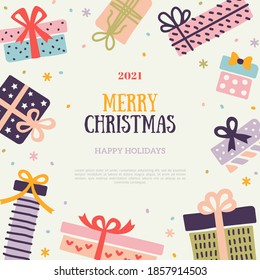 Merry Christmas and New Year card. Hand Drawn Pastel Doodle Gift Boxes. Vector illustration. Design for poster, party invitation, brochure or flyer template. Square banner with birthday presents