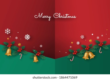 Merry Christmas or New year card with bell and pine leaves on red and green background. Vector illustration art in paper cut design.