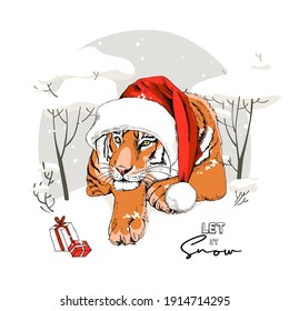 Merry Christmas and New year card. Tiger in the red Santa's hat with the gifts. T-shirt composition, hand drawn style print. Vector illustration.