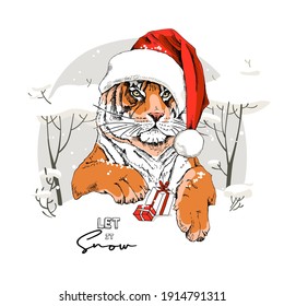 Merry Christmas and New year card. Tiger in the red Santa's hat with the gifts. T-shirt composition, hand drawn style print. Vector illustration.
