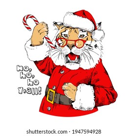 Merry Christmas and New year card. Tiger in the red Santa's costume with the lollipop. T-shirt composition, hand drawn style print. Vector illustration.