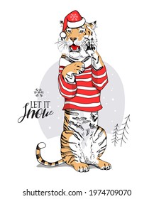 Merry Christmas and New year card. Tiger in the red Santa's costume. T-shirt composition, hand drawn style print. Vector illustration.