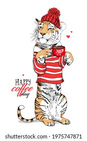 Merry Christmas and New year card. Tiger in the red striped costume and knitted hat with the cup of coffee. T-shirt composition, hand drawn style print. Vector illustration.