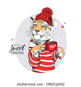 Merry Christmas and New year card. Tiger in the red striped costume and knitted hat with the cup of coffee. T-shirt composition, hand drawn style print. Vector illustration.