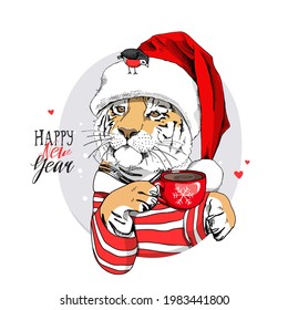 Merry Christmas and New year card. Tiger in the red striped costume and Santa's hat with the cup of coffee. T-shirt composition, hand drawn style print. Vector illustration.