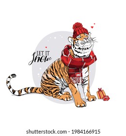 Merry Christmas and New year card. Tiger in the red striped scarf and knitted hat with gifts. T-shirt composition, hand drawn style print. Vector illustration.