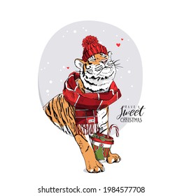 Merry Christmas and New year card. Tiger in the red striped scarf and knitted hat with cup of coffee. T-shirt composition, hand drawn style print. Vector illustration.