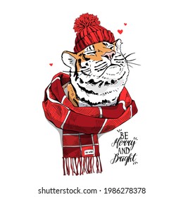 Merry Christmas and New year card. Tiger in the red striped scarf and knitted hat with pompom. T-shirt composition, hand drawn style print. Vector illustration.