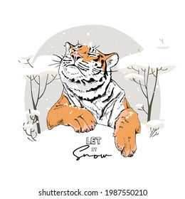 Merry Christmas and New year card. Tiger in the snow winter forest. T-shirt composition, hand drawn style print. Vector illustration.