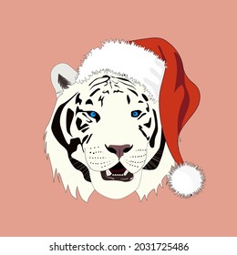 Merry Christmas and New year card. Tiger in the red Santa's cap. T-shirt composition, print. Vector illustration.