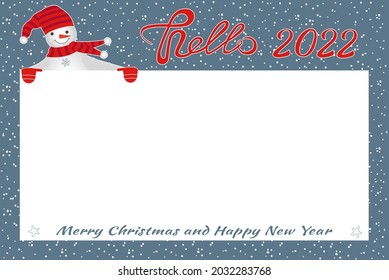 A merry Christmas and New Year card with a snowman, snowflakes and the inscription Merry Christmas. Cute vector illustration