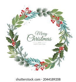 Merry Christmas and New Year Card with Pine Wreath, Mistletoe, Winter plants design illustration for greetings, invitation, flyer, brochure.