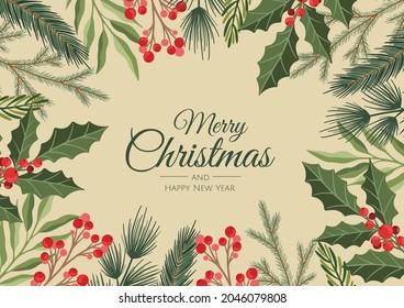 Merry Christmas and New Year Card with Pine Wreath, Mistletoe, Winter plants design illustration for greetings, invitation, flyer, brochure.