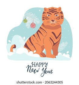 Merry Christmas and New year card. Cute Tiger on blue snow , hand drawn style print. Vector illustration.