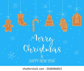 Merry Christmas and new year card. Gingerbread cookies. Winter card design illustration for greetings, invitation