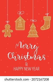 Merry Christmas and new year card. Gingerbread cookies. Winter card design illustration for greetings, invitation