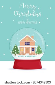 Merry Christmas and new year card. Winter wonderland scenes in a snow globe. Winter card design illustration for greetings, invitation