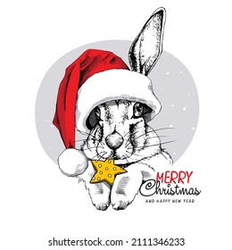 Merry Christmas and New year card. Fluffy Hare in the red Santa's hat and with yellow star. Hand drawn style print. Vector illustration.