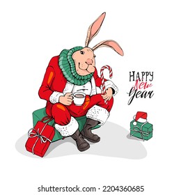 Merry Christmas and New year card. Sitting rabbit in the santa clothes with the gifts. Humor t-shirt composition, meme, hand drawn style print. Vector illustration.