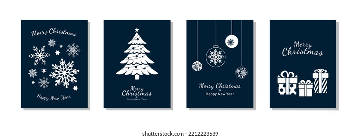 Merry christmas and new year card set. Greeting text element design on blue background. Vector illustrations