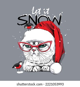 Merry Christmas and New year card. Grumpy cat in glasses and in the Santa's cap with the birds. Let it snow. Humor t-shirt composition, meme, hand drawn style print. Vector illustration.