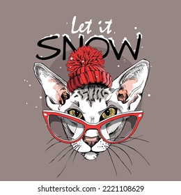 Merry Christmas and New year card. Oriental Shorthair cat in glasses and in the red knitted hat. Let it snow. Humor t-shirt composition, meme, hand drawn style print. Vector illustration.