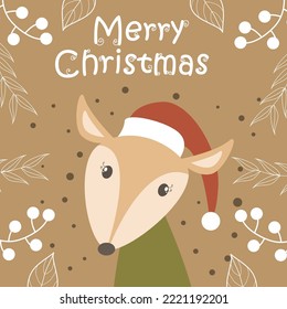 Merry christmas and new year card with cute characters on brown background