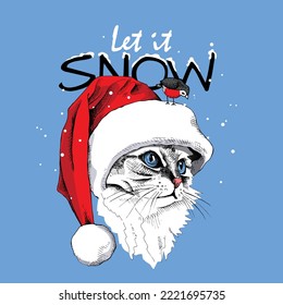 Merry Christmas and New year card. Adorable cat in the Santa's cap with the bird. Let it snow. Humor t-shirt composition, meme, hand drawn style print. Vector illustration.