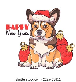 Feliz Navidad y tarjeta de Año Nuevo. Retrato de corgi lindo. Cachorro en santa que se sienta cerca de las bolas de Año Nuevo. Perro esponjoso para carteles, postales, estampados de camisetas. Ilustración de estilo dibujada a mano por vectores.