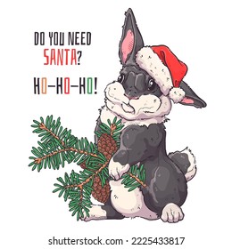 Merry Christmas and New year card. Cute rabbit holding Christmas tree in its paws. Fluffy bunny for posters, postcards, t-shirt prints. Vector hand drawn style illustration.