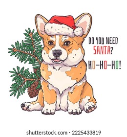 Merry Christmas and New year card. Cute corgi portrait. Puppy in santa hat sits near Christmas tree. Fluffy dog for posters, postcards, t-shirt prints. Vector hand drawn style illustration.