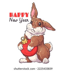 Merry Christmas and New year card. Cute rabbit holds New Year ball in its paws. Fluffy bunny for posters, postcards, t-shirt prints. Vector hand drawn style illustration.