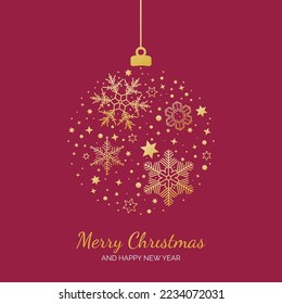 Merry Christmas and New Year card with gold hanging ball decoration on Viva Magenta color background