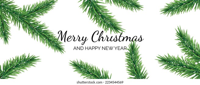 Merry Christmas and New Year card with abstract spruce branches decoration on white background