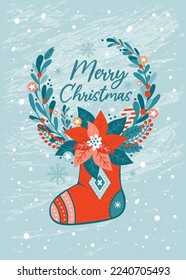Merry Christmas and New Year card with greeting text. Christmas sock with festive garland. Decorative round frame with poinsettia, mistletoe, pine, fir, berries. Vector illustration in vintage style
