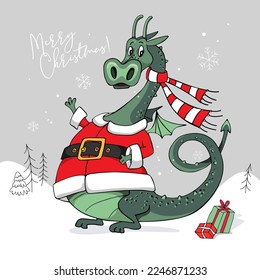 Merry Christmas and New year card. Dragon in the santa's dress with gifts. Сartoon character. Hand drawn style print. Vector illustration.