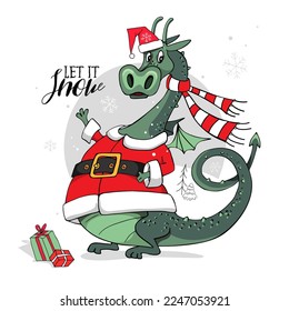 Merry Christmas and New year card. Dragon in the santa's dress with gifts. Сartoon character. Hand drawn style print. Vector illustration.