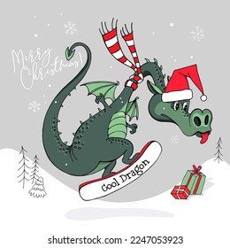 Merry Christmas and New year card. Dragon rides a snowboard with gifts. Сartoon character. Hand drawn style print. Vector illustration.