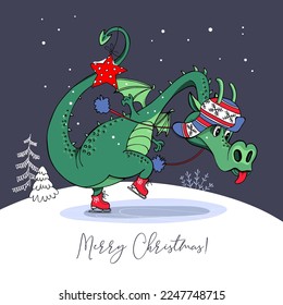 Merry Christmas and New year card. Dragon rides a skates. Сartoon character. Hand drawn style print. Vector illustration.