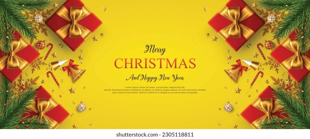 Merry christmas and new year card with realistic ornaments.