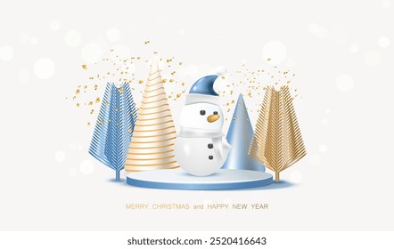 Merry Christmas and New Year card cartoon concept. Elements of christmas decoration on podium. Holiday card with trees and snowman. Xmas blue stage for sale product place with confetti.