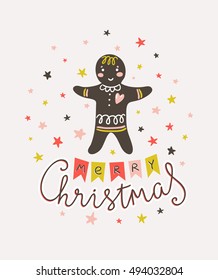 Merry Christmas and New year card. Vector Holiday Illustration with Lettering and traditional gingerbread man  on the confetti background. Hand drawn greeting card with lettering - Merry Christmas.