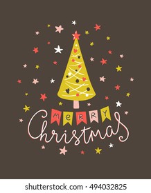 Merry Christmas and New year card. Vector Holiday Illustration with Lettering and traditional christmas tree  on the confetti background. Hand drawn greeting card with lettering - Merry Christmas.