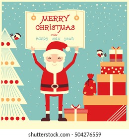 Merry christmas and new year card with Santa Claus and holiday presents