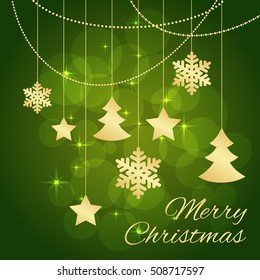 Merry Christmas or new year card on green background. Vector illustration